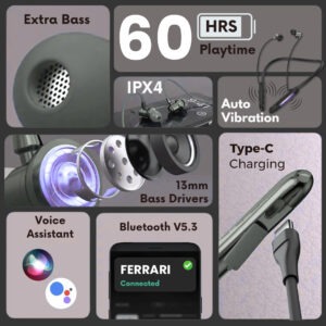FERARI Reliable Magnetic Power Neckband | Deep Bass | Fast Charging | Bluetooth 5.3 | With Guarantee