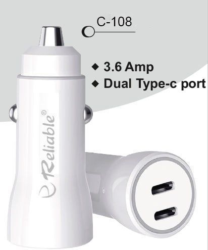 Reliable Dual PD Car Charger with C-to-C Cable | Mobile Phone Car Charger (White)